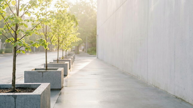 Trees lining concrete pathway beside minimalist building wall under soft morning light, urban planning and contemporary design.