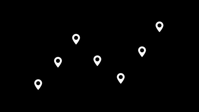 A scattered arrangement of seven white location pin is presented against a deep black background, suggesting multiple points of interest, a network, or a map overview. Keywords: location, pin