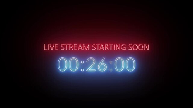 Modern cyberpunk style live stream starting soon screen with a glowing 30-second neon digital countdown timer. Vibrant red and blue neon lights with realistic glow effects on a black background