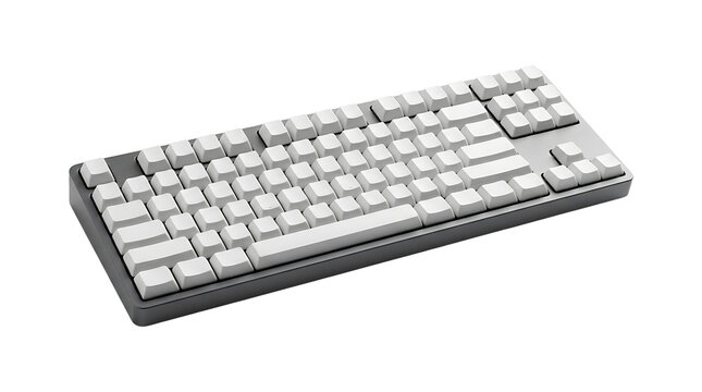 Modern mechanical keyboard with white keycaps and dark grey frame isolated on transparent background