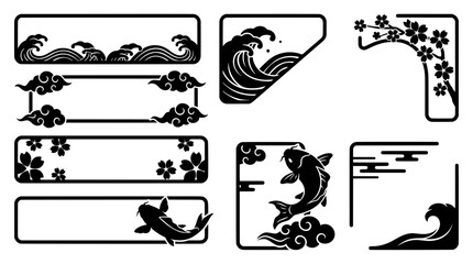 Obraz premium Traditional Japanese silhouette border frames and blank text boxes. Black and white vector designs featuring sakura branches, koi fish, and ocean waves