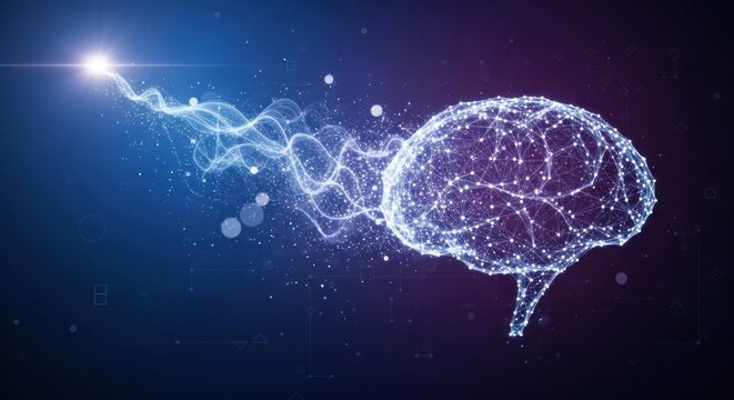 A futuristic brain with a glowing, abstract design, set against a dark blue background with a glowing light source.