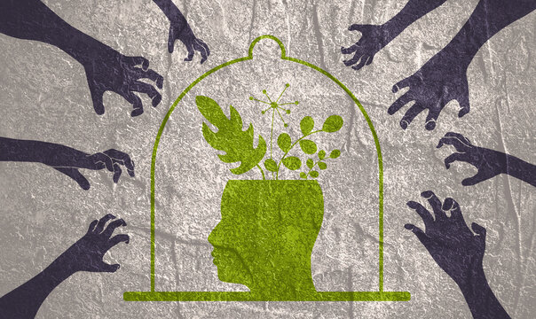 Psychotherapy concept. Metaphor of problem solving,mess, difficult situation. Psychological help and mental health. Human head with plants as positive emotions and hands reaching out to a head.
