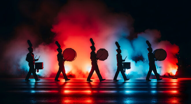 A disciplined marching band with drummers in formation, illuminated by dramatic red and blue stage lighting