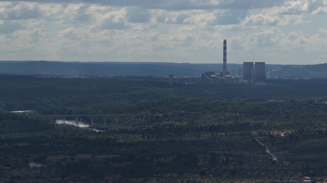 Drone shot of decommissioned thermal eletrical power plant in Portugal. Pollution limits. Carbon emissions. Green agenda.