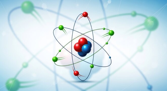 A blue and green atom model with red and blue electrons orbiting a central nucleus on a blue background with green and blue atoms in the background.