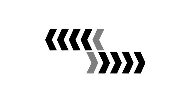 Two opposing rows of chevron arrows in black and dark gray pointing towards each other on a clean white background symbolizing contrast and directionality Keywords: arrow, chevron, direction