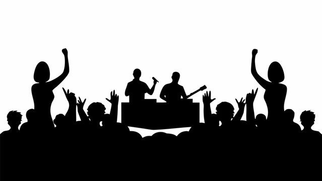 Silhouette of a crowd at a music concert with djs performing on stage