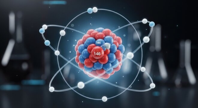 A 3D rendered atom model with a blue and red nucleus and electrons in a circular orbit on a black background.