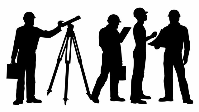 Silhouettes of construction workers and engineers with surveying equipment and blueprints