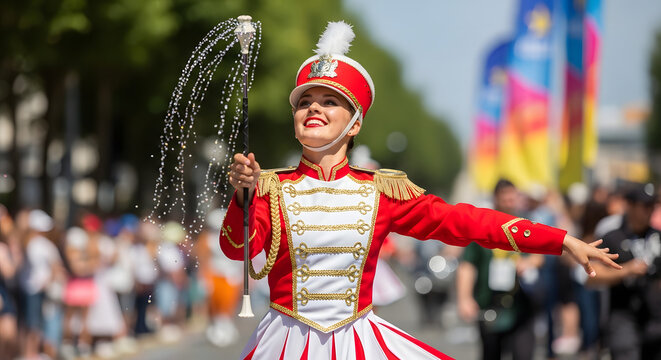 A smiling majorette in a red and white uniform twirls a silver baton in the air at an outdoor event