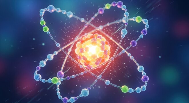 A colorful atom model with a glowing nucleus at its center, surrounded by electrons and protons, set against a vibrant, blurred background.