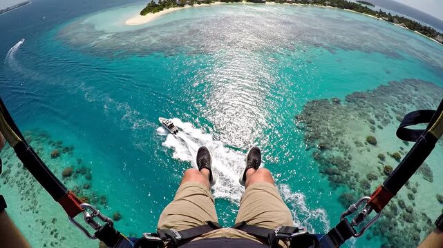 POV Parasailing Over Tropical Turquoise Ocean and Coral Reef. 4K Video