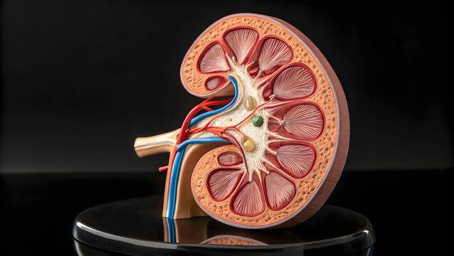 Anatomical kidney model with blood vessels