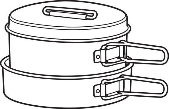 Camping Mess Kit Line Art Icon Isolated Stackable Outdoor Cookware Set Black White Vector Illustration