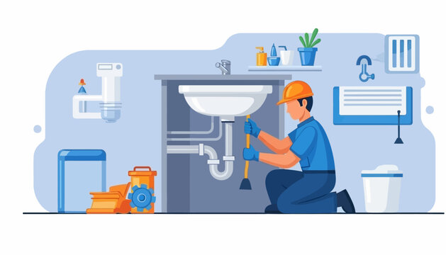 Plumber fixing sink in bathroom.