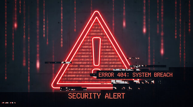 Security alert neon triangle sign with error 404 system breach code on dark background with binary code