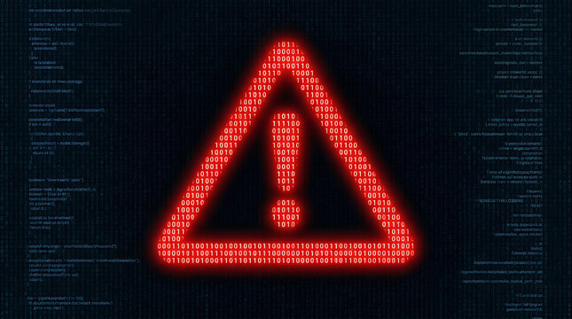 Warning sign made of binary code with a red glow on a dark background with code