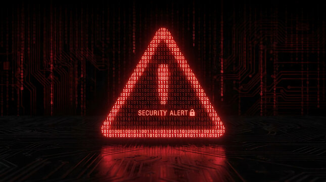 Security alert neon triangle sign with binary code on circuit board background warning of cyber threat or data breach notification