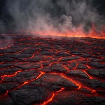 Glowing red molten lava flowing on black volcanic ash field at night