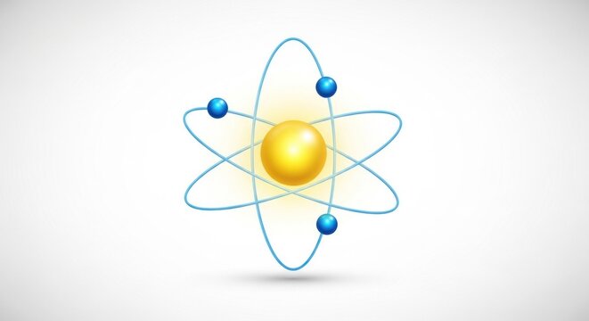 A yellow atom with a blue nucleus and electrons in a circular orbit on a white background.