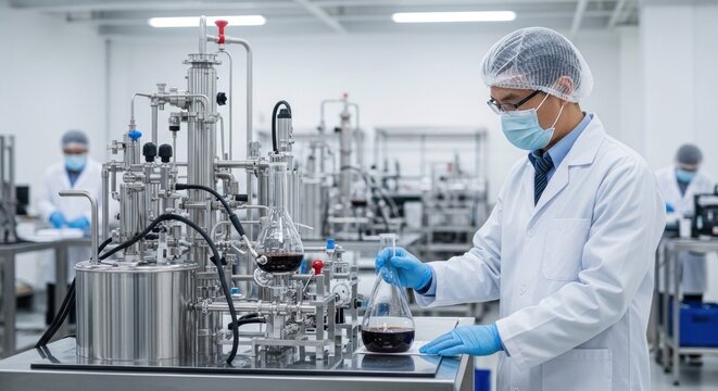 A scientist in a lab coat and hairnet, wearing a mask and gloves, is working with a flask and beaker in a laboratory setting.