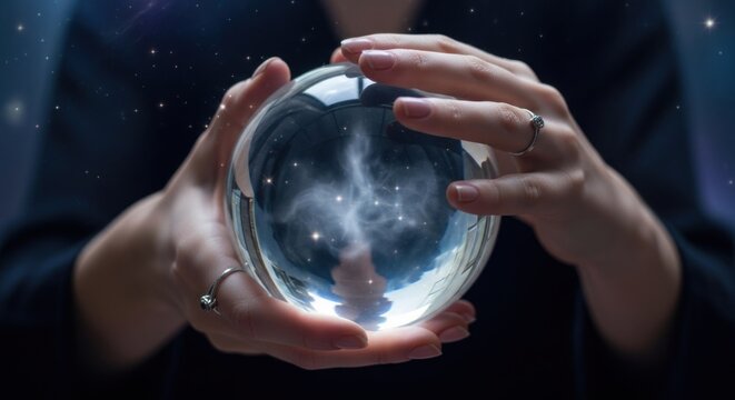 A crystal ball with a reflection of a starry night sky inside, held by a person with hands clasped together in front of a dark background.