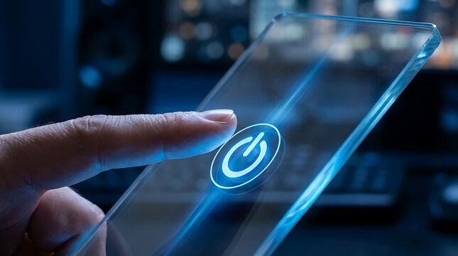Hand pressing power button on transparent touchscreen with glowing blue interface in dark background with blurred lights
