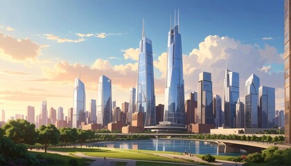 Obraz premium Futuristic Cityscape with Modern Skyscrapers and Green Park