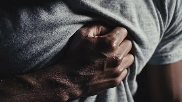 Man Clutching Chest Suffering Sudden Heart Attack Gripping Pain Emergency. 4K Video