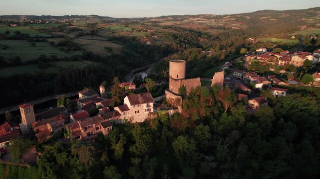 Aerial shot around Saint Jean Saint Maurice sur Loire revealing the loire river at sunrise near Roanne city, Loire departement, Auvergne Rhone Alpes region, France