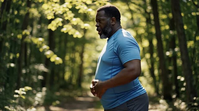 Overweight Senior African American Man Checking His Belly in Sunny Forest. 4K Video