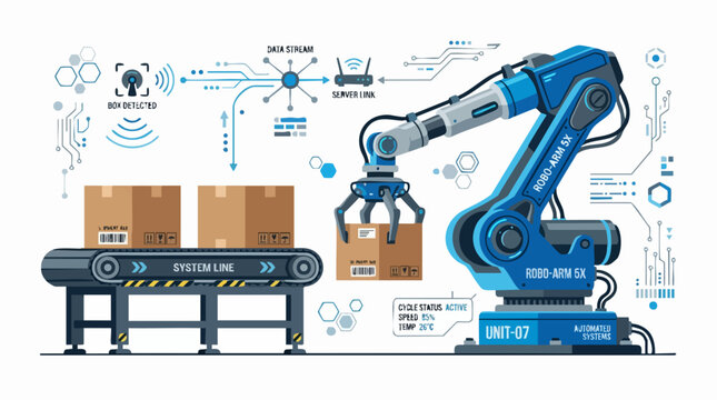 Robotic Arm and Conveyor System: An advanced robotic arm precisely picks up a package from a conveyor belt.