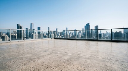Obraz premium Empty rooftop terrace with polished concrete floor and glass railing overlooking modern urban city skyline for real estate backdrop and architectural visualization