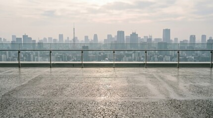 Obraz premium Empty Stone Rooftop Terrace with Glass Railing overlooking Hazy Tokyo City Skyline Background for Product Placement and Commercial Advertising