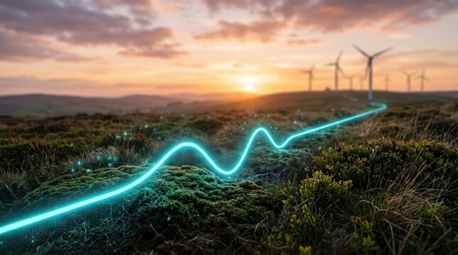 Renewable Energy Data Wave Flowing Through Wind Turbine Farm at Sunset for Smart Grid and Sustainability Technology Marketing
