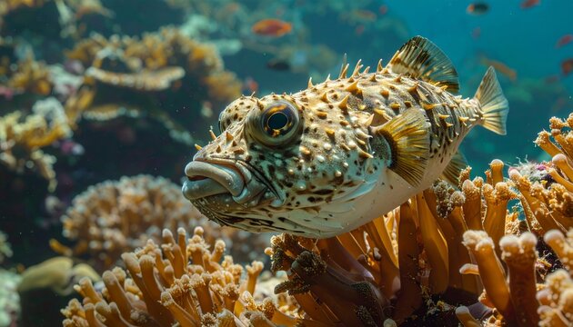 A spiky pufferfish swimming gracefully among colorful coral reefs in a vibrant underwater scene.