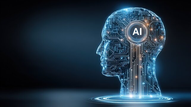 Commercial glowing blue AI human head profile with circuit patterns and data flow extending right, white "AI" circle at center, luminous circular platform,
