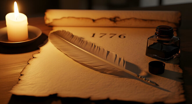 A vintage parchment scroll with the year 1776, a quill pen, and an inkwell, evoking historical writing and documents