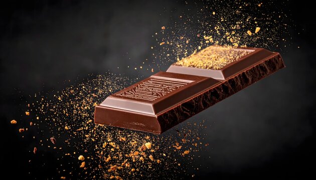 Rich Chocolate Bar Floating with Crumb Splash on Dark Background