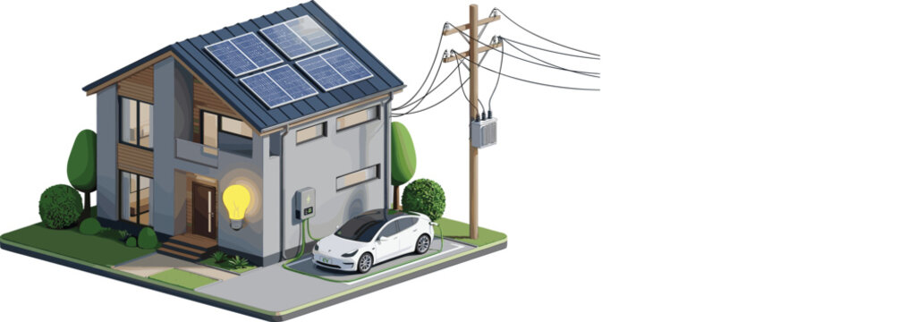 
Isometric Smart Home Solar Panels Electric Car Charging Power Grid and Energy System Illustration