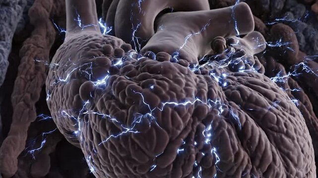 Detailed Medical 3D animation human heart cardiac arrest showing electric pulse failure. 4K Video