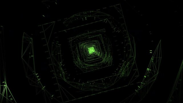 Infinite square matrix tunnel glowing in digital green. Excellent for cyber security compliance, machine learning infrastructure, retro-futuristic coding, and software network loops.
