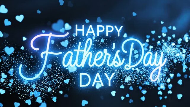 Happy Father's Day Glowing Blue Neon Text with Floating Hearts Background. 4K Video