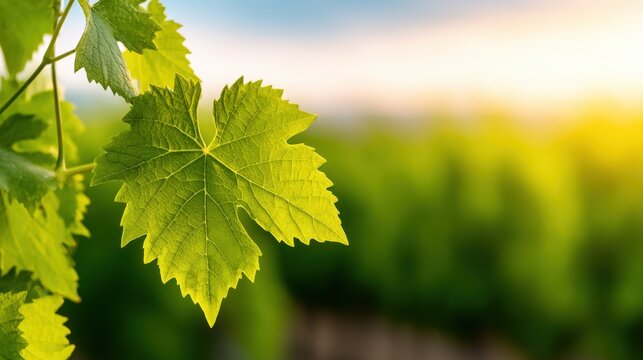 Close-up of fresh green grapevine leaves with a blurred vineyard background under soft sunlight.