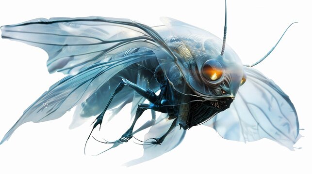 Ethereal insectoid creature with translucent wings hovering in a pristine background