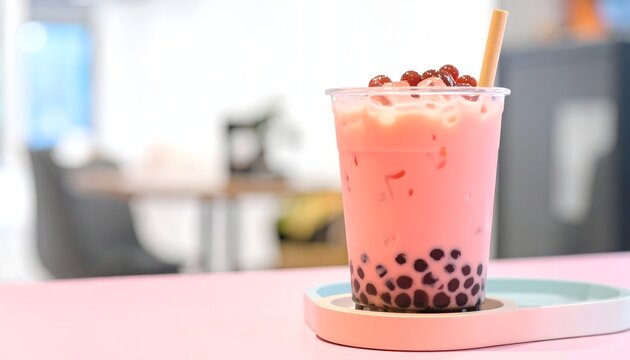 Sweet Pink Bubble Tea with Tapioca Pearls on Pastel Table in Bright Cafe Interior