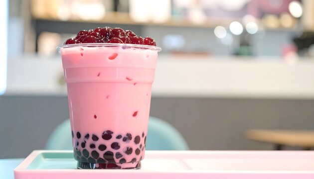 Sweet Pink Bubble Tea Topped with Red Bean on Tray in Modern Cafe