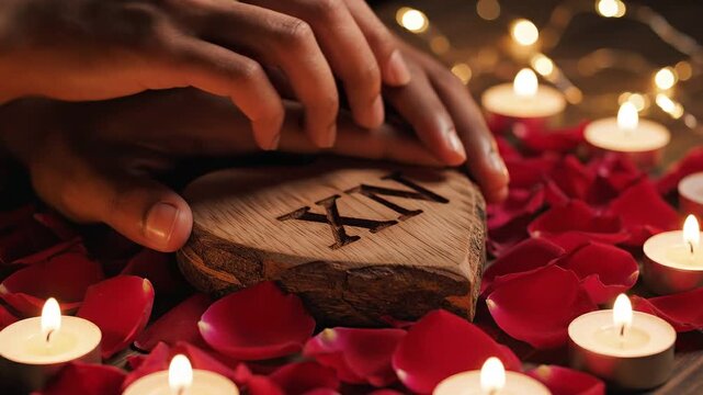 Romantic wooden heart with initials NX on rose petals and candles for intimate couple. 4K Video