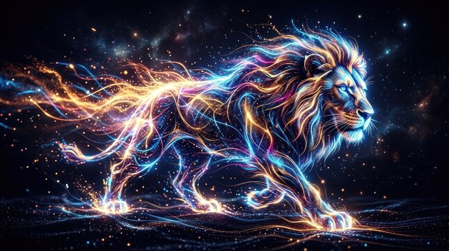 A majestic lion bursts forth with vibrant, glowing energy, appearing to run through a cosmic background filled with stars and nebulas.
